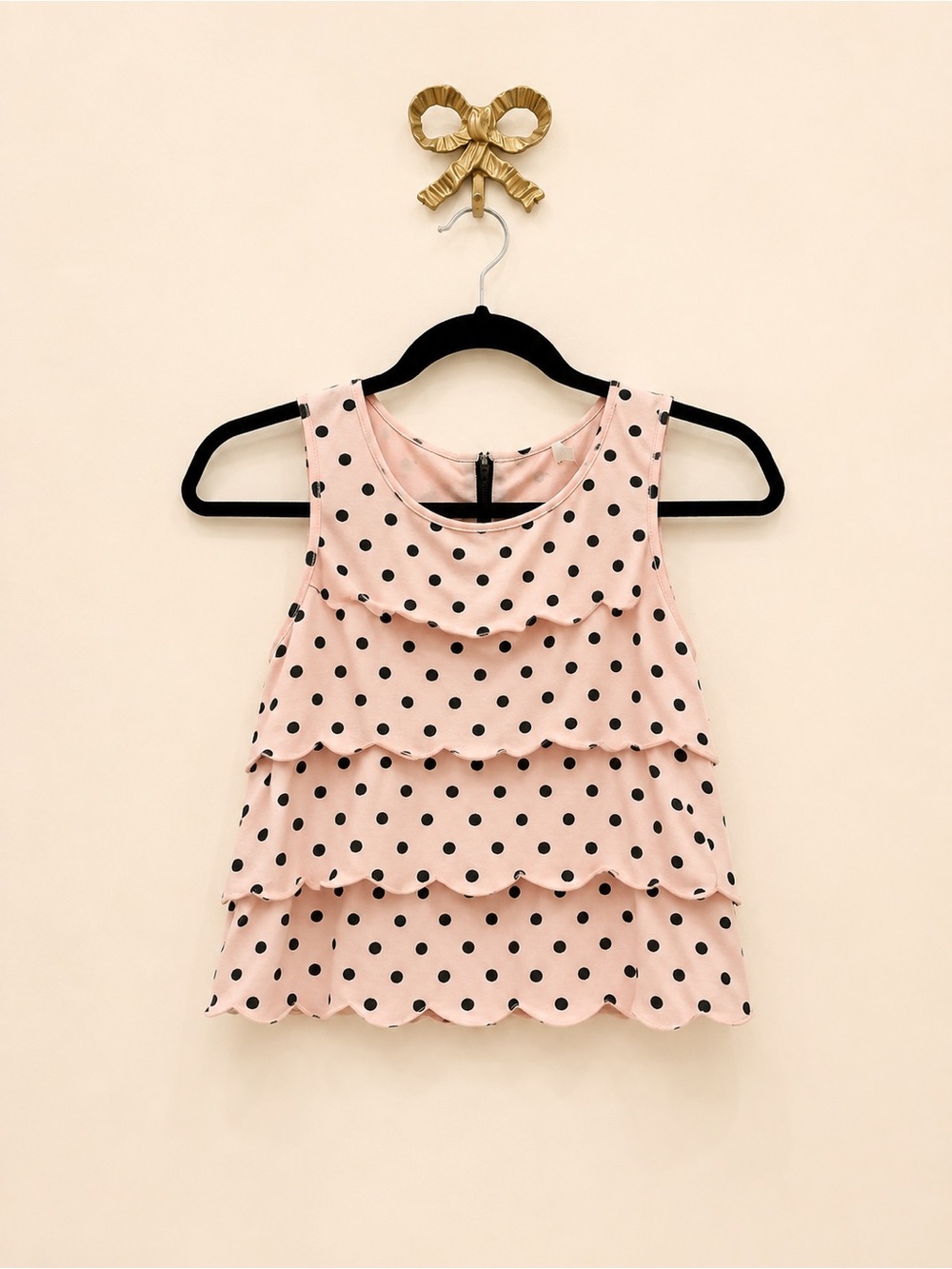 Lush Pink and Black Polka Dot Tiered Ruffle Tank